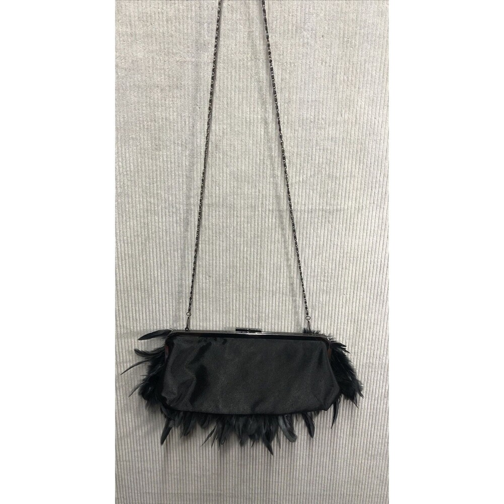 Black Feather Rhinestone Clutch Purse Convertible Chain Shoulder Evening Bag - Picture 10 of 14